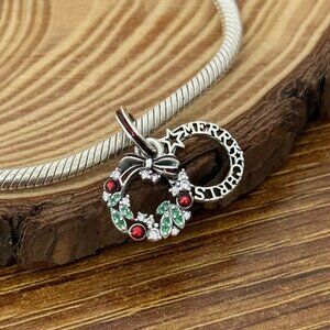 Pandora Holiday Wreath Double Dangle Charm Sterling silver Jewelry